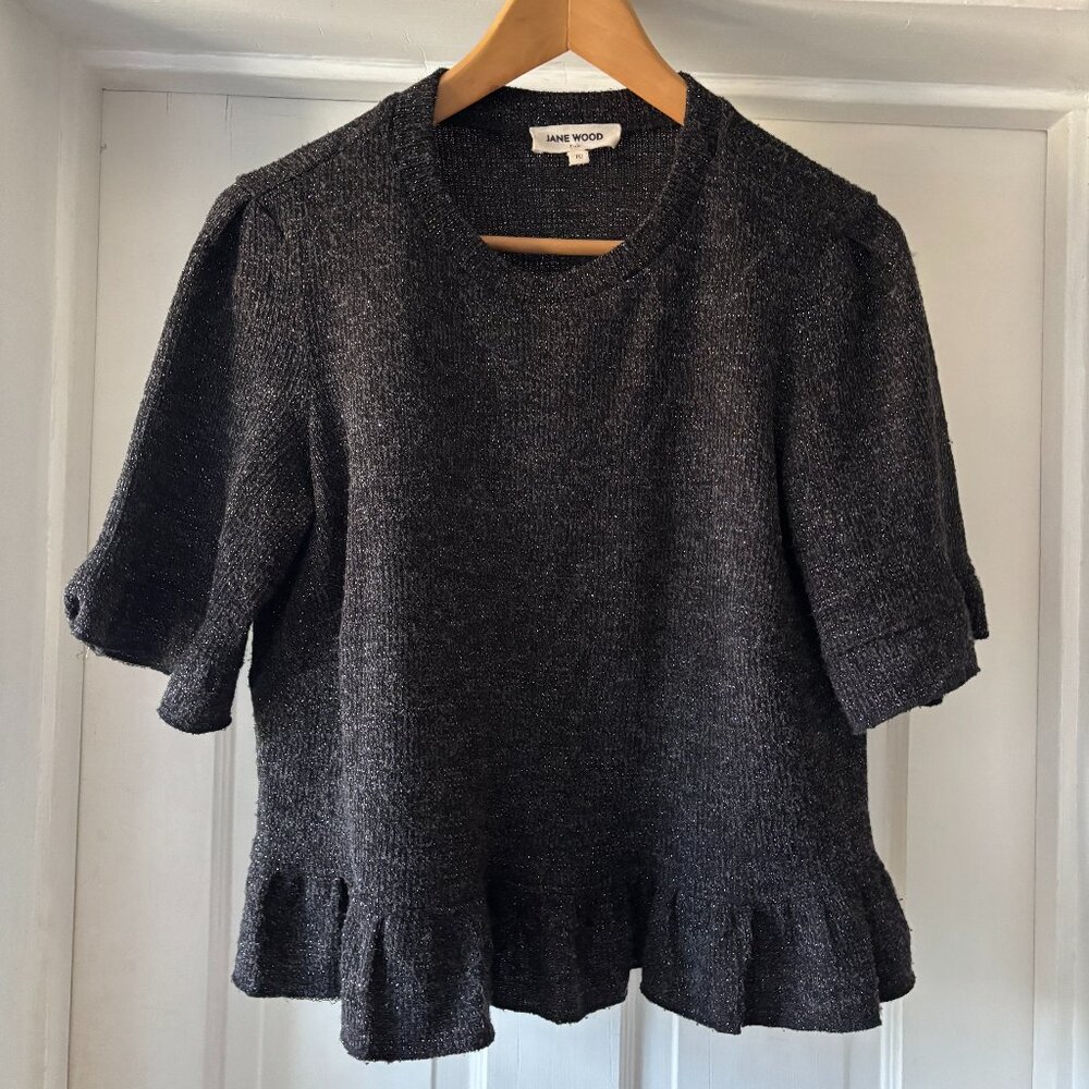 Jane Wood Paris Black Shimmer Short Sleeve Top Peplum Size S/M